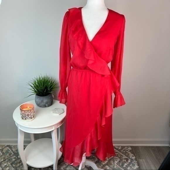Chelsea28 Womens Long Sleeve Ruffle Chiffon Women's Wrap Midi Dress size small - Picture 3 of 13